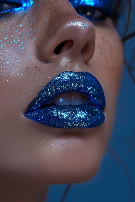 29+ Daring Blue Lipstick Ideas Blue Metallic Makeup, Blue And Silver Eyeshadow, Electric Blue Makeup, Silver Glitter Eyeshadow, Blue Lipstick Makeup, Black Lip Liner, Dark Blue Lipstick, Futuristic Party, Lipstick Ideas