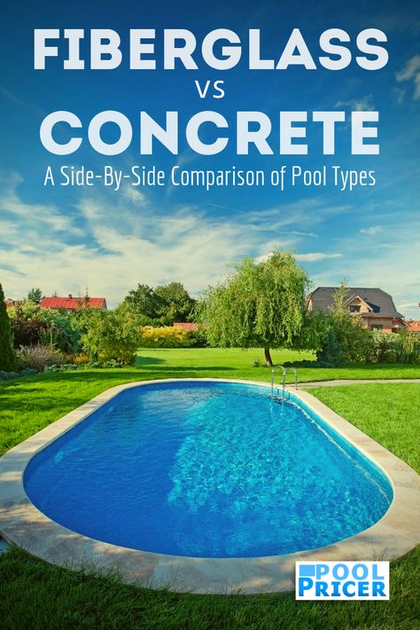A side-by-side comparison of concrete and fiberglass swimming pools, including the factors of cost, appearance, customization, feel, installation, and durability Small Inground Pool Ideas Sloped Yard, Concrete Pool Design Ideas, Corner Swimming Pool Ideas, Upper Ground Pool Ideas, Inground Pool Sloped Backyard, Pool Ideas Inground Landscaping, Fiberglass Rectangle Pool, Pool Hardscape Ideas Concrete, Pool Type Comparison