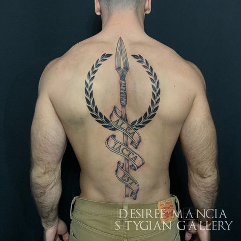 spear and laurel wreath tattoo with latin script done at Stygian Gallery, Atlanta Tip Of The Spear Tattoo, Spear Of Destiny Tattoo, Spartan Symbol Tattoo, Spear Tattoo Men, Spartan Spear Tattoo, Laurel Wreath Tattoo Men, Spartan Chest Tattoo, Latin Tattoo For Men, Spear Tattoo Design