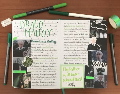 Draco Malfoy Journal #dracomalfoy #pottah #journal Draco Malfoy Journal Page, Draco Malfoy Journal, Harry Potter Journal Pages, Harry Potter Journal Ideas, Gryffindor Journal, Slytherin Journal, Hogwarts Journal, Harry Potter Information, Harry Potter Infographic