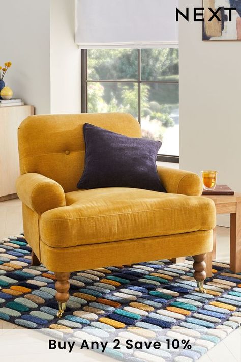 Erin Accent Chair Mustard Chair, Yellow Accent Chairs, Bay Window Living Room, Yellow Armchair, Snuggle Chairs, Cream Living Rooms, Yellow Sofa, Patterned Armchair, Brown Chair