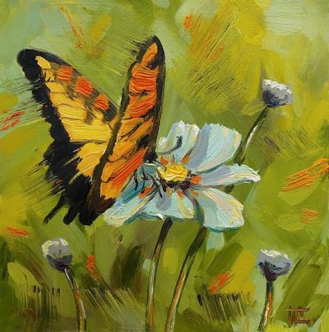 Daily Paintworks - "Butterfly" - Original Fine Art for Sale - © Dasha Piven Butterfly In Garden Painting, Oil Paint Butterfly, Flower Painting Oil Paint, Butterfly Garden Painting, Art Pieces Painting, Bug Painting Acrylic, Canvas Painting Ideas Small, Butterfly On Flower Painting, Yellow Butterfly Painting