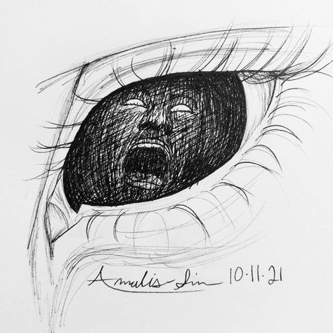 eye filled in black, silhouette of a screaming face shown withing the darkness Screaming Help Drawing, Screaming From The Inside Drawing, Dark Background Drawing Ideas, Meaningful Eye Drawings, Derealism Drawing, Trama Drawings, Ink Eye Drawing, How To Draw Scared Eyes, Dark Art Sketchbook Easy