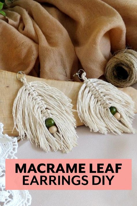 Macrame Leaf Earrings tutorial from Craftsy Hacks - J. Conlon and Sons Macrame Feather With Beads, Feather Macrame Earrings, Macrame Tassel Earrings, Diy Boho Earrings Tutorials, Macrame Feather Earrings Diy, Macrame Earrings With Beads, How To Make Macrame Earrings, Macrame Earrings Diy Tutorials, Macrame Earrings Tutorial How To Make