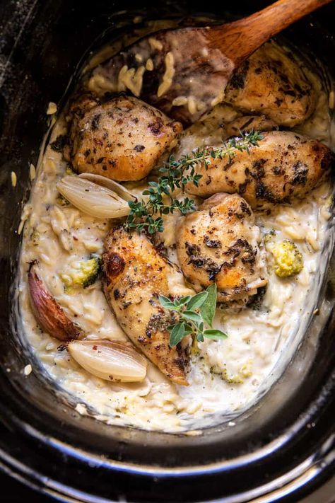 Slow Cooker Mustard Herb Chicken and Creamy Orzo | halfbakedharvest.com Crockpot Half Baked Harvest, Easy Slow Cooker Meal, Creamy Dijon, Creamy Orzo, Half Baked Harvest Recipes, Slow Cooker Pasta, Slow Cooked Chicken, Herb Chicken, Harvest Recipes