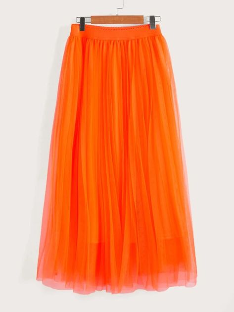 Pink And Orange Bachelorette Party Outfits, Orange Pleated Skirt, Orange Skirt Outfit, Orange Skirts, Preppy Prom, Orange Party, Mesh Overlay Dress, Coachella Dress, Maternity Skirt