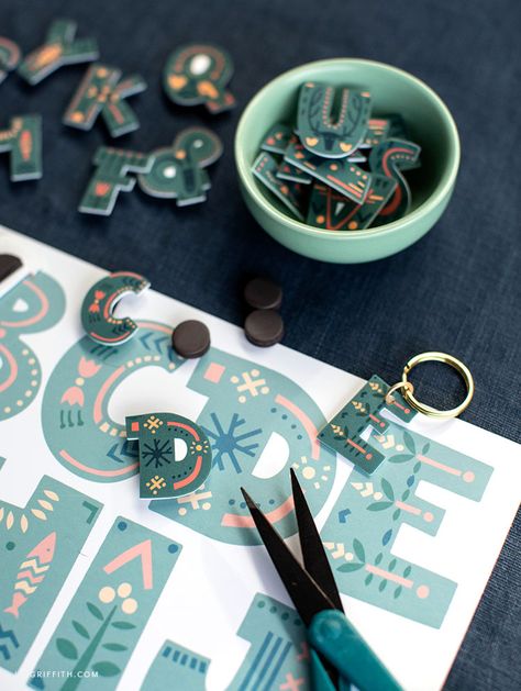 Kid's Craft Camp: Shrink Film Monograms - Lia Griffith Printable Shrink Film, Shrink Film Crafts, Shrink Film Ideas, Shrink Plastic Pins, Shrink Jewelry, Shrinky Dink Keychain, Shrinky Dink Crafts, Shrinky Dink Earrings, Shrink Plastic Jewelry