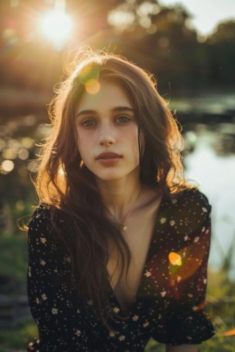 Young woman with long hair wearing a floral dress standing outdoors with sunlight filtering through trees behind her. Moody Senior Photos, Nature Portraits Woman, Movie Photoshoot Ideas, Photoshoot Ideas Lake, Twilight Photoshoot, Portrait Poses For Women, Lake Photo Ideas, Lake Photoshoot Ideas, Fantasy Lake