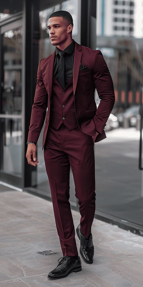 Stylish Fall Wedding Guest Outfit for Men: Burgundy Suit Ideas Burgundy And Black Suit Men, Maroon Suit With Black Shirt, Crimson Suit Men, Poses For Men Photography Formal, Black And Burgundy Suit Men, Burgundy Suit Wedding Groom Attire, Burgundy Mens Suit Wedding, Burgundy Suit Men Wedding Groomsmen, Suits For Fall Wedding