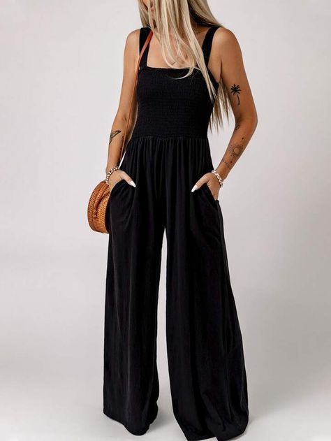 High Waist Jumpsuit, Jumpsuit Fitted, Pleated Jumpsuit, Jumpsuit With Pockets, Womens Wide Leg Pants, Trouser Outfits, Green Jumpsuit, Knit Jumpsuit, Pure Black