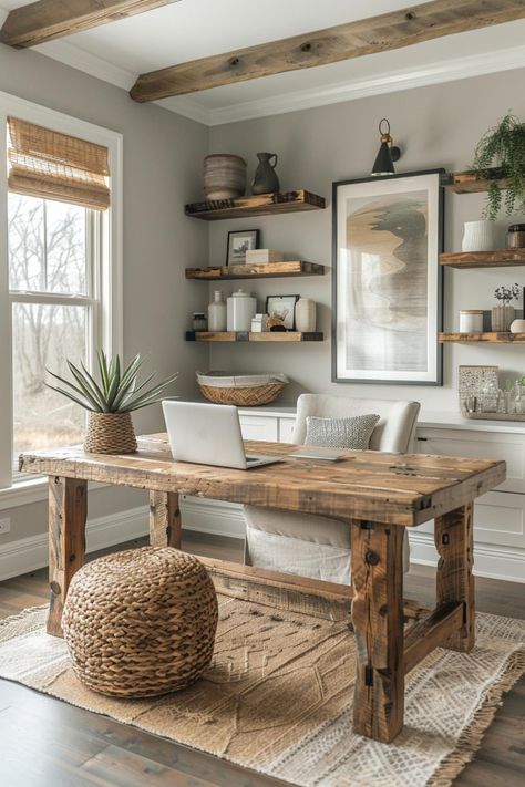 Rustic Study Room Ideas, Office Earthy, Grandma Chic Decor, Modern Farmhouse Home Office, Modern Organic Decor, Scandi Interior Design, Housing Interior, Formal Living Room Designs, Industrial Style Bedroom