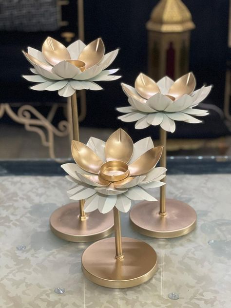 Diwali Gift Items, Indian Candles, Lotus Flower Candle Holder, Lotus Flower Candle, Diwali Decoration Items, Tea Candle Holders, Gold Leafing, Diy Diwali Decorations, Flower Candle Holder