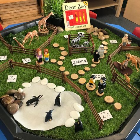 Small World Set Up Ideas, Small World Animal Play, Eyfs Zoo Activities, Zoo Small World Play, Small World Play Table, Zoo Eyfs Activities, Dear Zoo Eyfs Activities, Small World Tuff Tray Eyfs, Zoo Provocations