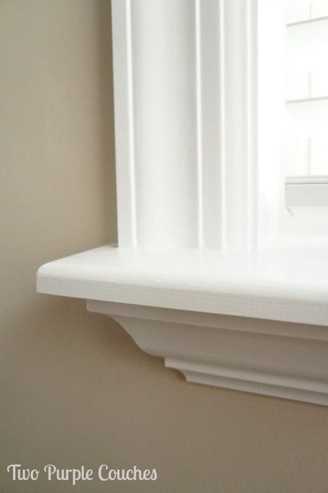 Detail of crown moulding added beneath a custom-cut window sill. Love this beautiful look! via www.twopurplecouches.com Kitchen Window Sill Ideas, Interior Window Trim, Kitchen Window Sill, Window Molding, Window Casing, Window Ledge, Crown Moulding, Interior Windows, Trim Work