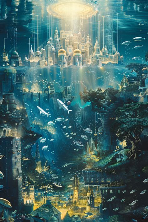 #aiart #underwater #atlantis Aether Punk Aesthetic, Underwater Kingdom Art, Underwater Fantasy City, Underwater Palace Fantasy Concept Art, Futuristic Underwater City, Atlantis Art Underwater City, Underwater Kingdom Aesthetic, Underwater City Aesthetic, Belize Painting