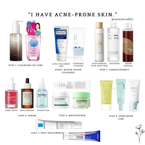 Acne-prone skin products and skincare routine suggestions #acneproneskin #acnetreatment #koreanskincareforacneskin Best Acne Routine Skincare, Sunscreen For Oily Skin And Acne, Good Toners For Acne Prone Skin, Acne Skincare Routine Steps, Skin Care Products For Acne Prone Skin, Skin Care Routine Oily Acne Prone Skin, Korean Skincare For Dry Acne Prone Skin, Face Care Routine Products Oily Skin, Skin Care For Acne And Oily Skin