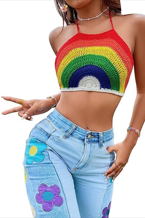 Rainbow striped, backless, tie back, halter neck, knit, casual, crop tops for women Suitable for dating, going out, gathering, travel, festival, party, vacation or Halloween Casual Crop Tops, Unique Couple Halloween Costumes, Crop Tops For Women, Mode Crochet, Cute Summer Tops, Rainbow Sweater, Backless Crop Top, Sleeveless Knit, Crochet Halter Tops