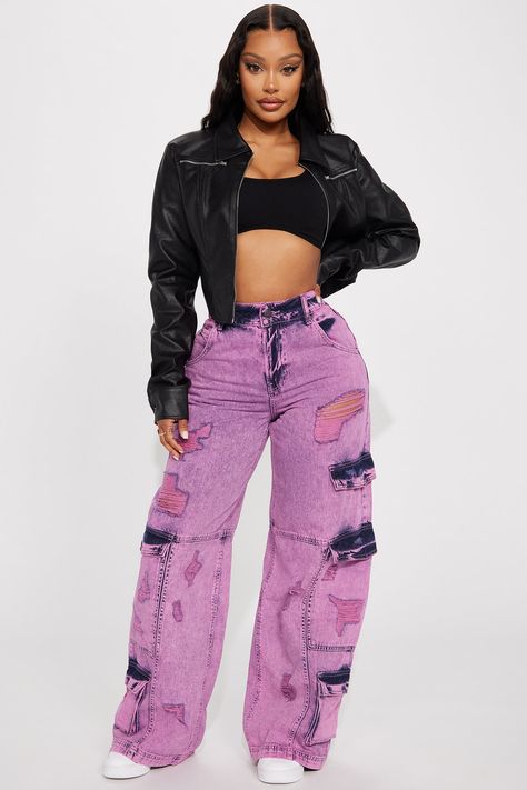 Available In Pink. Wide Leg Jean 5 Pocket Ripped Acid Wash Cargo Pockets Drop Waist 12" Rise 31" Inseam Disclaimer: Due To The Specialized Wash & Distressing Process, Each Garment Is Unique. Non Stretch, 100% Cotton Imported | Mixed Signals Ripped Baggy Jeans in Pink size 11 by Fashion Nova Acid Wash Jeans Outfit, Black Ripped Jeans Outfit, Pink Jeans Outfit, Pink Ripped Jeans, Concert Outfit Plus Size, Wash Jeans Outfit, Ripped Baggy Jeans, Ripped Jeans Outfit, Mixed Signals