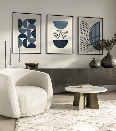 Blue Modern Wall Art, Set Of 3 Wall Art Abstract, Wall Art Composition Ideas, Scandinavian Style Wall Art, Canvas Wall Art Set Of 3, Abstract Art For Wall, 3 Paintings On Wall Ideas, 3 Set Painting, Navy Blue And Beige Living Room