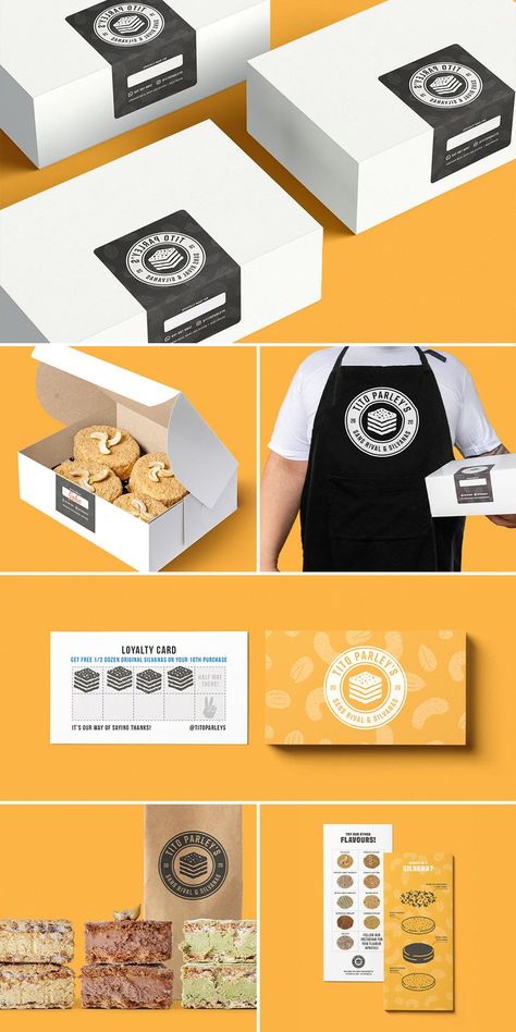 Moodboard consisting of a Tito Parley's black and yellow packaging box, Apron, business cards, menu cards, and supporting brand collateral. Shop Branding Design, Bakery Branding Design, Desain Merek, Bakery Packaging Design, Dessert Logo, Modern Cake, Cake Branding, Presentation Board Design, Brand Identity Logo