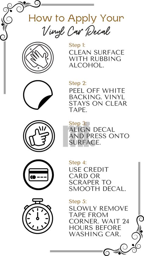 Instructions for how to apply a vinyl decal to your car or window. Created with Canva. Diy Vinyl Car Decals Cricut, How To Display Vinyl Decals To Sell, How To Apply Decal Instructions, How To Apply Vinyl Decals Instructions, Cricut Projects Car Decals, Vinyl Decal Instructions For Customers, Car Decal Size Chart Cricut, Car Decal Size Chart, Vinyl Decals Ideas For Cars