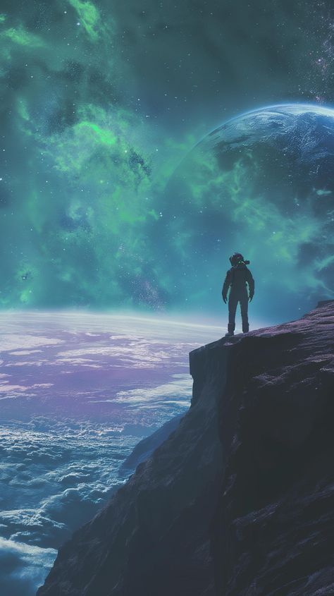 Explore the edge of wonder with our latest cosmic find! Save and follow Visual Imagine for more breathtaking visuals. An astronaut gazes upon a majestic planet rising amidst a canvas of brilliant blues, capturing the allure of the universe. A moment where rugged terrain meets the infinite, inviting you to imagine the vastness of space. 🌌✨ #CosmicAwe #SpaceExplorer #VisualImagine #AIimage Planets, Sci Fi, Sci Fi Art, Album Cover, The Universe, Art Wallpaper, Album Covers, The Darkest, Universe