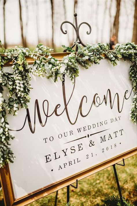 50 Chic Wedding Welcome Sign Ideas Welcome Wedding Sign Greenery, Welcome Sign Gold Frame, Welcome Sign Weddings, Welcome Sign Wedding Ceremony, Wedding Signs For Reception Gold Frame, Wedding Sign In Frame, Wedding Signs With Greenery, Greenery Wedding Welcome Sign, Wedding Signs Welcome Entrance