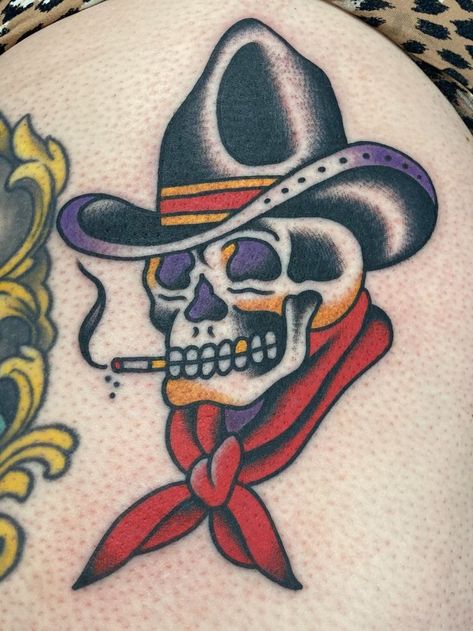 Skulls Tattoo Traditional, Tradition Skull Tattoo, American Trad Cowboy Tattoo, American Traditional Country Tattoo, American Traditional Battle Royale, American Traditional Skull Cowboy, American Traditional Tattoo Skeleton, Traditional Style Skull Tattoo, American Traditional Capricorn Tattoo