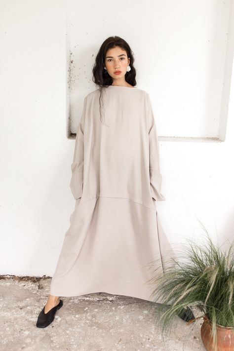 Excited to share this item from my #etsy shop: Long dress , long sleeve dress, oversized dress, summer dress, minimalist clothing, atuko, conscious fashion, sustainable fashion, kaftan #beige #black #crew #longsleeve #minimalist #full #yes #kaftan #floor Long Dress Long Sleeve, Oversized Tunic Dress, Merino Wool Dress, Minimalist Clothing, Light Grey Dress, Grey Knit Dress, Dress Minimalist, Grey Long Sleeve Dress, Long Linen Dress