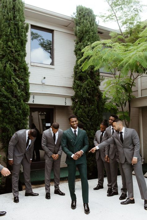 Classic Meets Cool in This Industrial Dallas Wedding at Howell and Dragon | Junebug Weddings Dark Green Wedding Aesthetic, Green Wedding Suit, Wedding Groomsmen Attire, Men In Suits, Mens Wedding Attire, Groom Wedding Attire, Green Themed Wedding, Emerald Green Weddings, Wedding Suits Groom