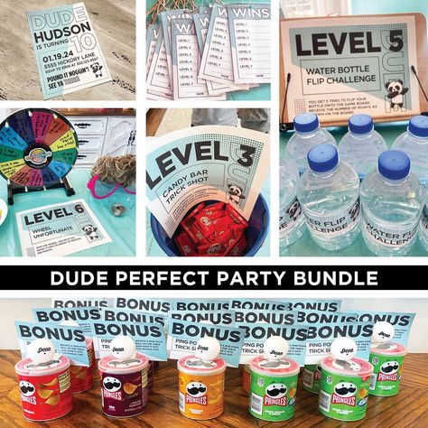 Dude Perfect Birthday Party, Bottle Flip Challenge, Teenage Birthday Party, Birthday Package, Custom Birthday Invitations, Dude Perfect, Birthday Packages, Perfect Birthday Party, Party Bundles