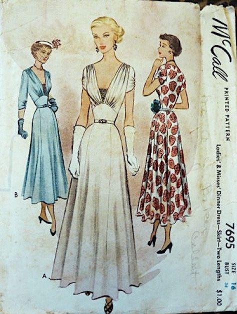 Dress Pattern Vintage, Patron Vintage, Fashion 1940s, Fashion Illustration Vintage, Moda Retro, Vintage Dress Patterns, Look Retro, Stil Inspiration, Dinner Dress