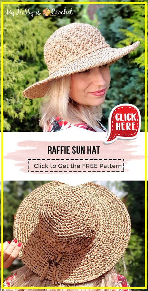 crochet Raffie Sun Hat FREE pattern - FREE Crochet Sun Hat Pattern for Beginners. Click to Get the Pattern #SunHat #crochetpattern #crochet via @shareapattern.com Free Crochet Sun Hat, Straw Hat Crochet Pattern, Crochet Sun Hat Free Pattern Woman, Sun Hats For Women Diy Free Pattern, Crochet Summer Hats Free Pattern Ladies, Free Crochet Pattern Sun Hat, Crocheted Summer Hats, Sunhat Crochet Pattern Free, Crochet Sun Hat Free Pattern Summer