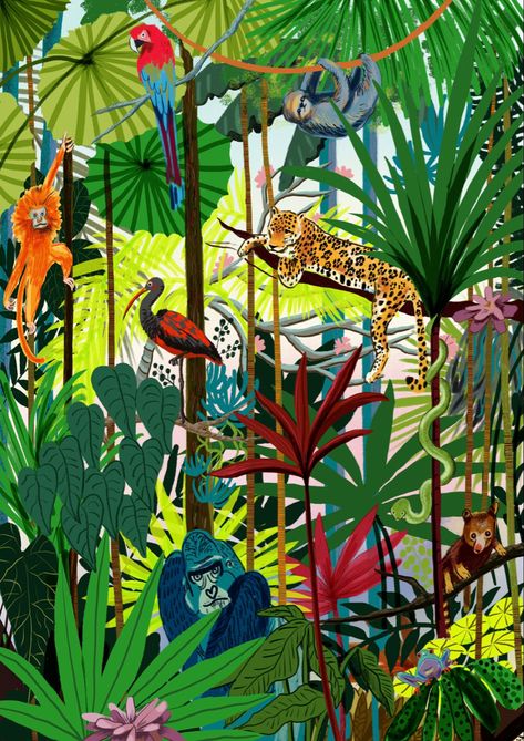 Tropical Jungle Art, Tropical Animals Art, African Jungle Art, Tropical Rainforest Illustration, Tropical Rainforest Drawing, Jungle Art Painting, Rainforest Drawing, Tropical Jungle Illustration, Tropical Rainforest Animals