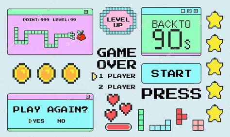 Retro Interface Design, Pixel Game Ui, Retro Video Game Aesthetic, Retro Game Design, Game Interface Design, Game User Interface, Game Core, 90s Games, Bulletin Boards Theme