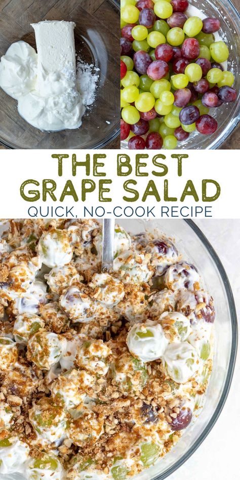 Learn how to make the best Grape Salad! This no cook dish is ready in less than 10 minutes and perfect for potlucks! You will love this refreshing fruit salad on a hot summer day at a fun picnic or family cookout. It's the perfect side dish with burgers, hot dogs, or grilled chicken! Healthy Cookout, Cookout Dishes, Family Cookout, Easy Picnic Food, Burger Side Dishes, Picnic Side Dishes, Grilled Side Dishes, Easy Summer Side Dishes, Bbq Salads