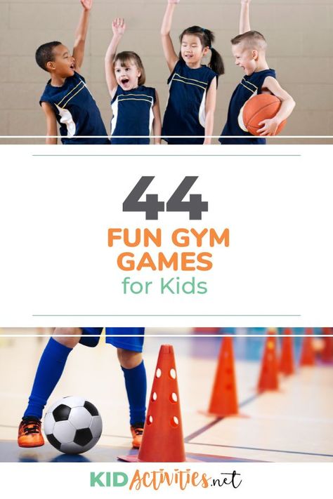 A collection of 44 fun gym games for kids. Great for filling your PE calendar. #kidactivities #kidgames #activitiesforkids #funforkids #ideasforkids Games To Play In The Gym, Early Elementary Pe Games, Pe Games Preschool, 1st Grade Pe Games, Elementary School Pe Games, Gym Class Games For Kids, Elementary School Gym Games, Sport Games For Preschoolers, Fun Gym Games For Kids