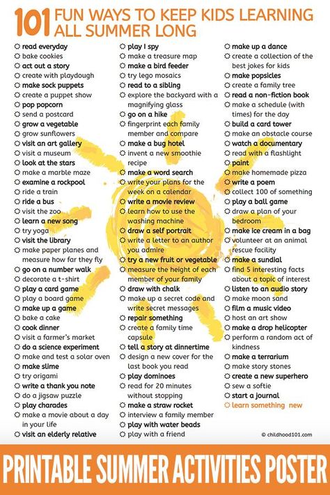 Parents Ideas: 101 Awesome Summer Activities to Keep Kids Learning All Summer Long. #parenting #parents #parentideas #parentingtips #parentinghacks #parenthood Uppfostra Barn, Summer Holiday Activities, Summer Learning Activities, Fun List, Holiday Activities For Kids, Summer Schedule, Summer Fun For Kids, Fun Summer Activities, Summer Slide