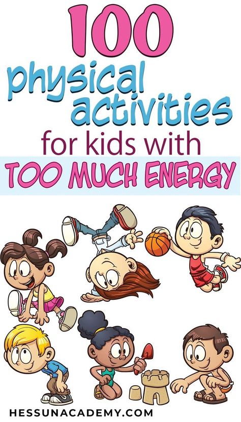 If your kid is always bouncing off the walls like mine is, then you need to see this list of 100 physical activities for kids with too much energy.  These ideas for boredom busters are perfect for rainy day activities or for p.e. ideas for homeschoolers.  Fun ideas for active kids that will keep kids moving all year long!  #boredombuster #physicalactivities #homeschoolpe #funactivitiesforkids Physical Education Preschool, Preschool Fitness Activities, Calm Activities For Kids, Preschool Gym Activities, Pe For Preschoolers, Preschool Physical Activities, Active Activities For Kids, Homeschool Pe Ideas, Ideas For Boredom