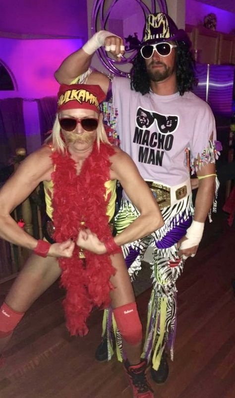 Hulk Hogan Randy Savage Costume, Pro Wrestler Halloween Costume, Halloween Costumes Wrestler, Hill Hogan Costume Women, Hill Hogan Costume, 80s And 90s Costume Ideas, Female Hulk Hogan Costume, Macho Man And Miss Elizabeth Costume, Wrestling Couples Costume