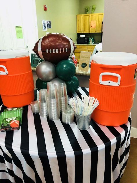 Football Theme Work Party, End Of Year Football Party Ideas, Baseball Football Basketball Party, Football Treat Table Ideas, Football Themed Christmas Party, Fall Football Themed Event, Football Theme Birthday Party Ideas, Referee Theme Party, Diy Sports Theme Party Decorations