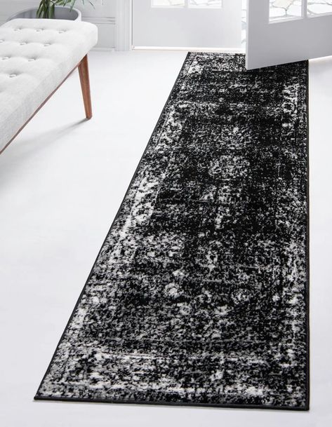 Black 2' 7 x 12' Monte Carlo Runner Rug | Rugs.com Oval Rugs, Black Rug Runner, Black Runner Rug, Black Runners, Kitchen Runner, Square Rug, Unique Loom, Black Area Rugs, French Inspired