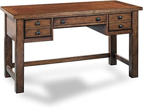 Home Styles Tahoe Aged Maple Executive Writing Desk with Two Accessory Drawers on Each Side, Drop-Down Center Drawer, Keyboard Tray, and Antiqued Bronze Pulls Wood Desk Design, Maple Desk, Rustic Furniture Design, Desk With Keyboard Tray, Bronze Pulls, Cozy Office, Brown Desk, Keyboard Tray, Home Styles