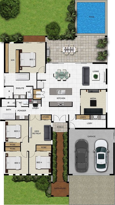 Reconfigure media into office/den/craft room, but overall beautiful layout. Pelan Rumah, Floor Plans Ranch, Basement House Plans, Arsitektur Masjid, House Plans One Story, Home Design Floor Plans, Sims House Plans, House Layout Plans, Floor Plan Layout