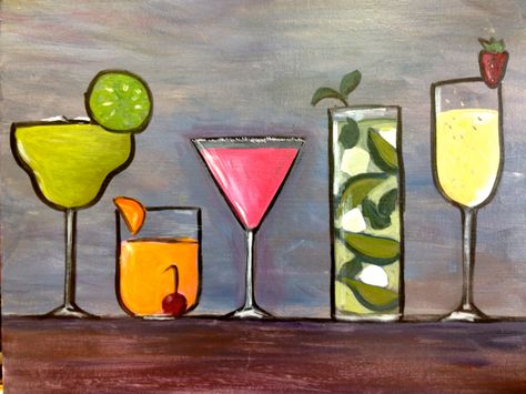 Drinks Canvas Painting, Cocktail Painting Acrylic Easy, Wine Painting Ideas On Canvas, Happy Hour Painting, Drink Painting Canvases, Simple Paint And Sip Ideas, Paintings Of Cocktails, Wine And Paint Night Ideas, Martini Painting Easy