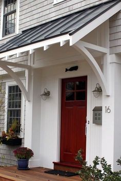 40 Lovely Door Overhang Designs - Bored Art Front Door Overhang, Front Door Awning, Arsitektur Kolonial, Black Metal Roof, Door Overhang, Pergola Roof, Porch Awning, Porch Roof, Door Awnings