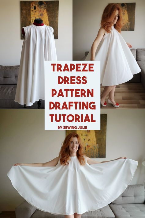 Learn how to draft your own pattern for this Trapeze dress. There are written instructions and a video tutorial on the blog! Triangle Dress Pattern, Trapeze Dress Pattern, Dress Pattern Drafting, Pattern Drafting Tutorials Blouses, Dress Block Pattern, Tent Dresses Pattern, Transforming Dress, Diy Dress Pattern, I Am The Creator