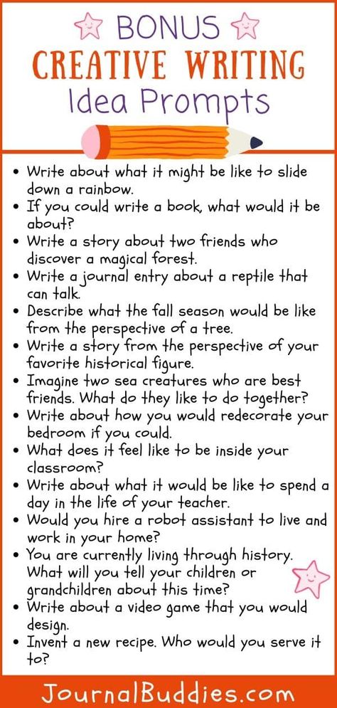 Use this creative writing idea list of prompts in order to inspire individuality and innovation inside your classroom! #CreativeWriting #CreativeWritingPrompts #JournalBuddies 4th Grade Writing Prompts, Creative Writing Topics, Homeschool Writing Prompts, Creative Writing For Kids, Free Writing Prompts, Journal Prompts For Kids, Creative Writing Ideas, 3rd Grade Writing, 4th Grade Writing