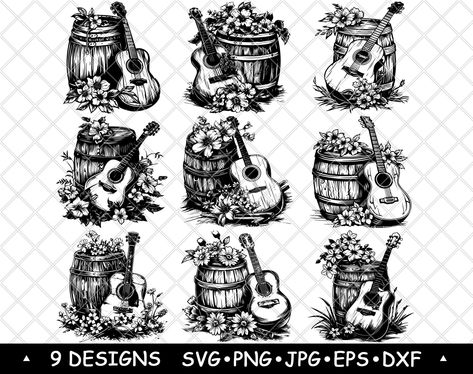 For commercial license, please refer to this link https://www.etsy.com/shop/InkOutNinja?section_id=45950104 This charming black and white vector illustration features an acoustic guitar leaning against a rustic barrel, surrounded by blooming flowers. The detailed design captures the essence of a serene, musical setting, blending the natural beauty of the flowers with the timeless appeal of the guitar. The high-contrast style is ideal for various creative applications, including tattoos, stickers, wall art, and laser engraving. Perfect for music lovers, nature enthusiasts, and those who appreciate rustic, vintage themes, this artwork conveys a harmonious blend of art, music, and nature. Usage Permissions: ✅ You may only sell your finished product if you purchase the commercial license here Guitar Flowers, Country Vintage, Cnc Wood, West Country, Vintage Theme, Vintage Country, Wood Decor, Acoustic Guitar, Music Lovers