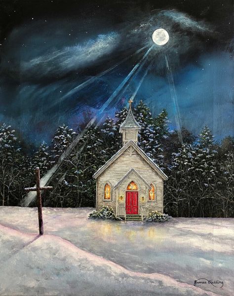 "This is a print of my original painting \"Little White Church.\" It is printed on acid-free premium presentation matte fine art paper. Your print will arrive mounted on an archival mat board with an archival, acid-free mat. It will fit a standard 8\" x 10\" or 11\" x 14\" frame, depending on which size you choose.  Image Size - Small:  5\" x 7\" (with mat 8\" x 10\") Image Size - Large:  8\" x 10\" (with mat 11\" x 14\") Your print will be packaged carefully in a clear sleeve and flat shipped i Cross Painting, Church Painting, Night Sky Painting, Moonlight Painting, Church Pictures, Christmas Church, Snowy Landscape, Painting Snow, Moon Painting